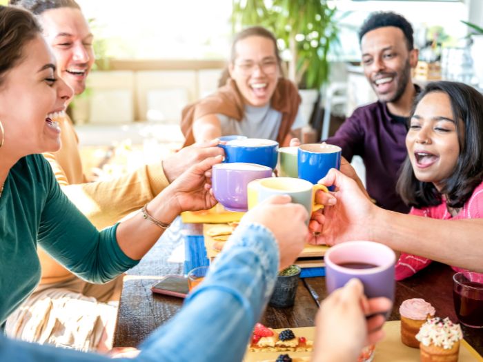 Healthy people enjoying tea and coffee